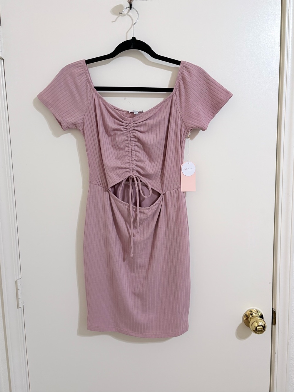 Ribbed Drawstring Cutout Mini Dress - Mauve Pink